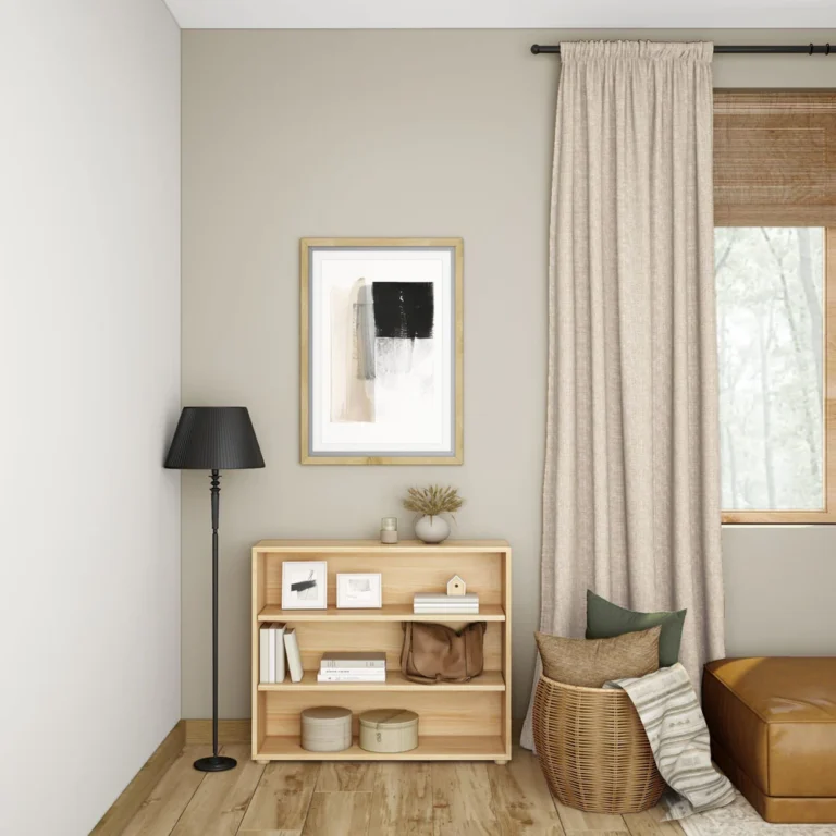 Maxtrix 3 Shelf Bookcase Natural Room Scene Maxtrix 3 Shelf Bookcase in Natural - styled in a living room corner with books, framed prints, baskets and storage boxes on its three shelves
