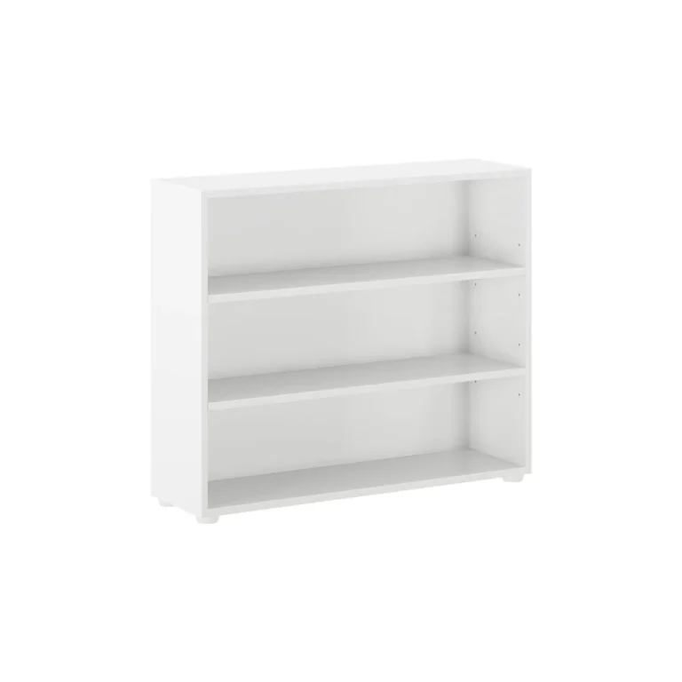 Maxtrix 3 Shelf Bookcase White Angle View 1 Maxtrix 3 Shelf Bookcase in White - angled view showing three open shelves with adjustable shelf pin holes
