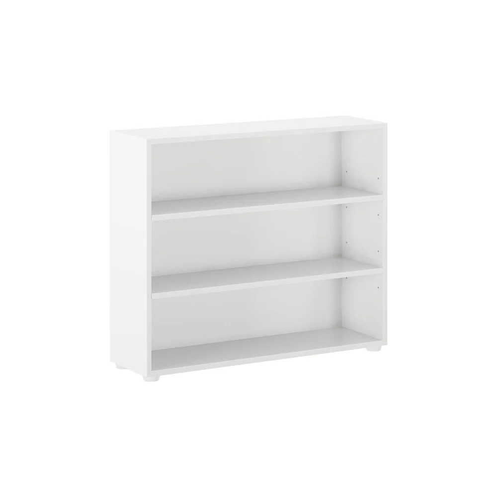 Maxtrix 3 Shelf Bookcase in White - angled view showing three open shelves with adjustable shelf pin holes