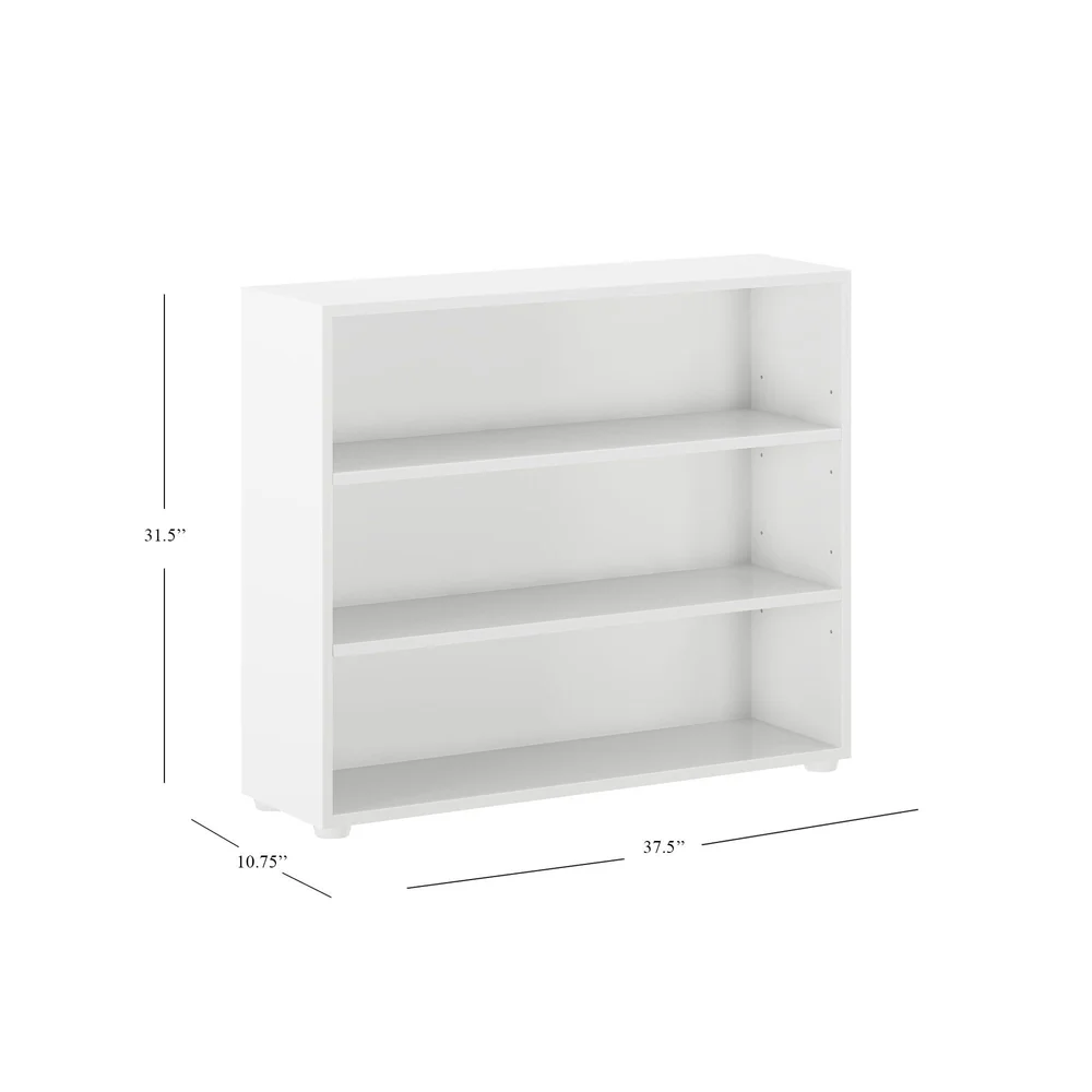 Maxtrix 3 Shelf Bookcase in White - dimensions diagram showing 37.5 inches wide, 31.5 inches high and 10.75 inches deep