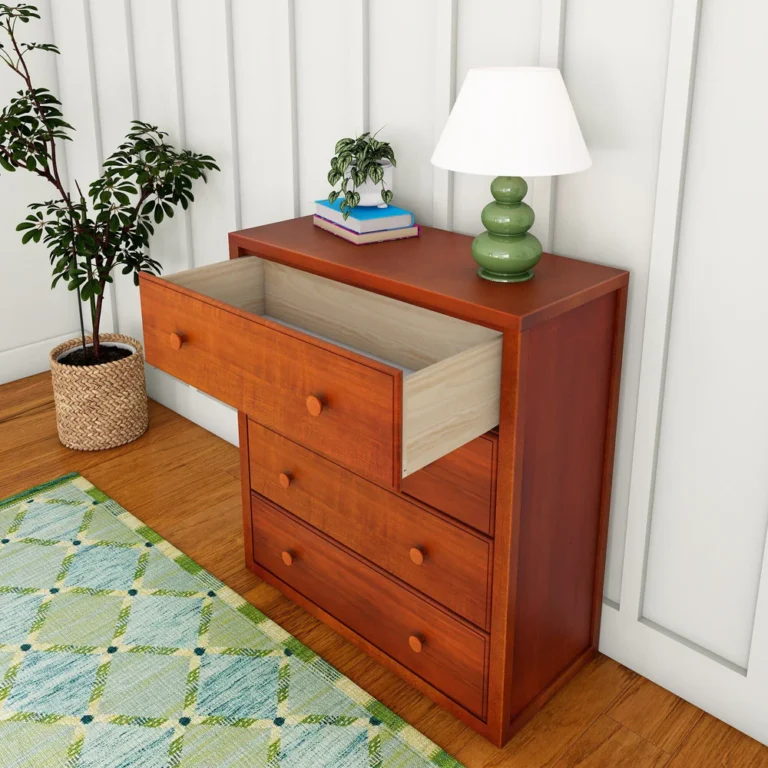 Maxtrix 4 Drawer Dresser Chestnut Drawer Open Room Scene Maxtrix 4 Drawer Dresser in Chestnut - top drawer pulled open in a bedroom setting, showing the natural wood drawer box