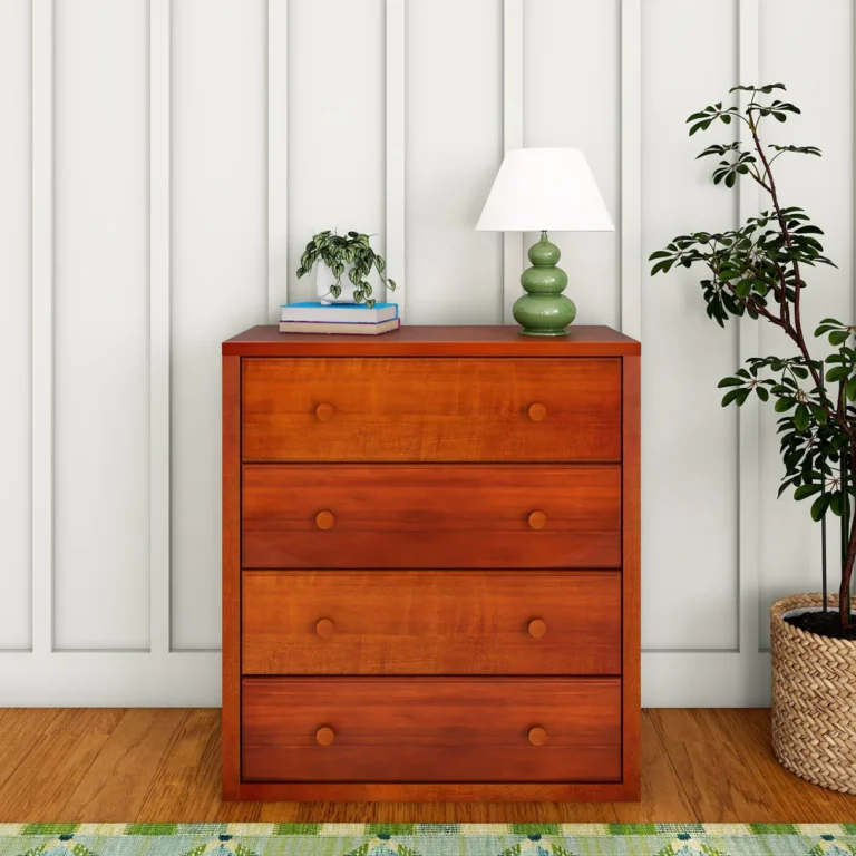 Maxtrix 4 Drawer Dresser Chestnut Room Scene Front View Maxtrix 4 Drawer Dresser in Chestnut - front view in a bedroom with round wood knobs on all four drawers