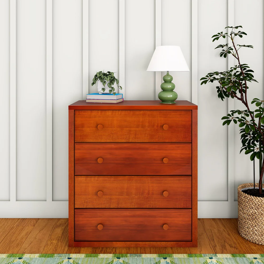 Maxtrix 4 Drawer Dresser Chestnut Room Scene Front View Maxtrix 4 Drawer Dresser in Chestnut - front view in a bedroom with round wood knobs on all four drawers