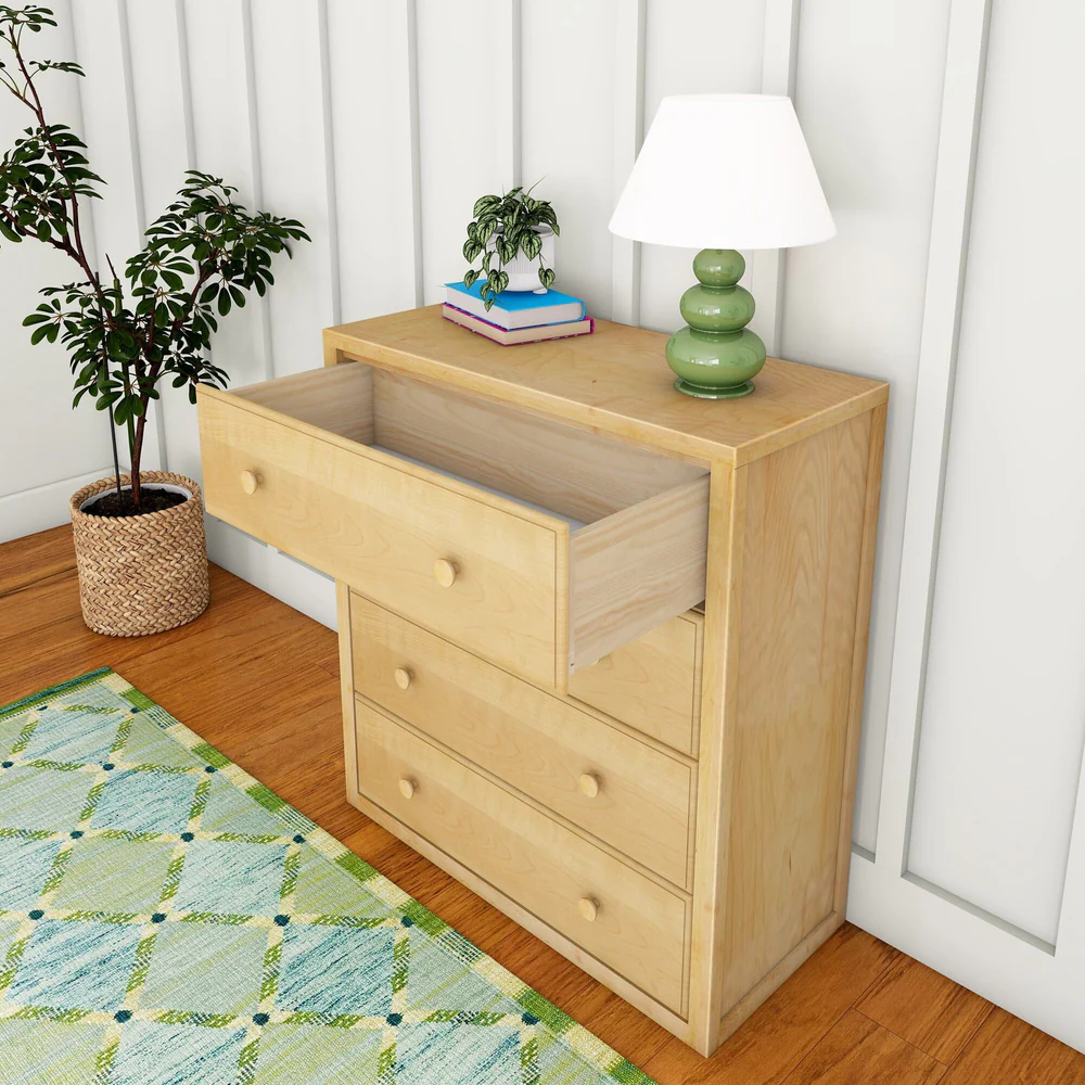 Maxtrix 4 Drawer Dresser Natural Drawer Open Room Scene Maxtrix 4 Drawer Dresser in Natural - top drawer pulled open in a bedroom setting, showing the smooth interior drawer box