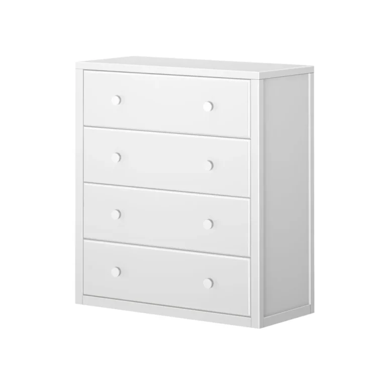 Maxtrix 4 Drawer Dresser White Angle View 5 Maxtrix 4 Drawer Dresser in White - studio angle view showing four drawers with round wood knobs and framed side panel