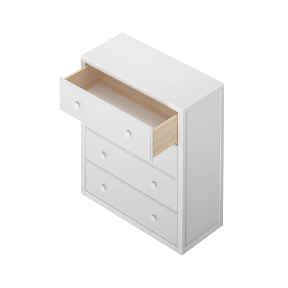 Maxtrix 4 Drawer Dresser White Drawer Open Top View Maxtrix 4 Drawer Dresser in White - overhead studio view with the top drawer open revealing the natural wood interior