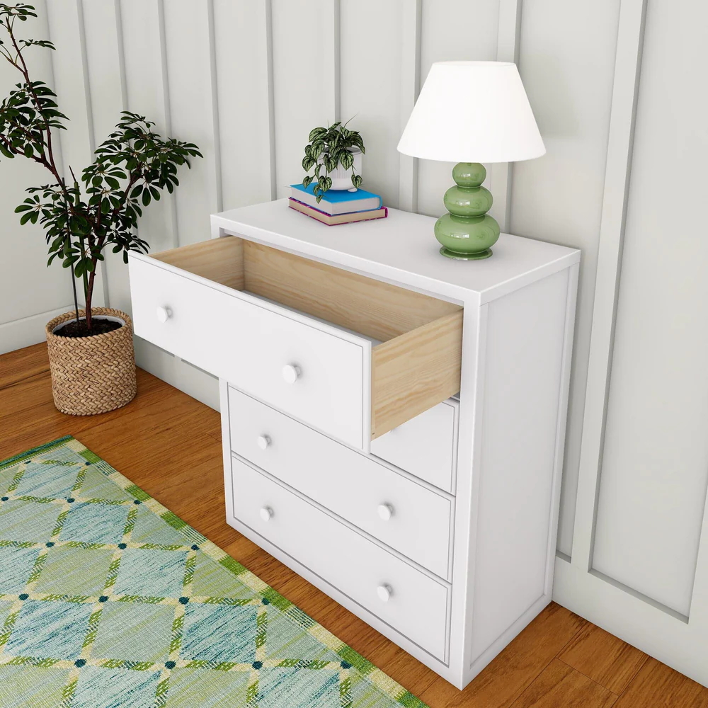 Maxtrix 4 Drawer Dresser White Drawer Open Maxtrix 4 Drawer Dresser in White - room view with the top drawer open showing the solid natural wood drawer box