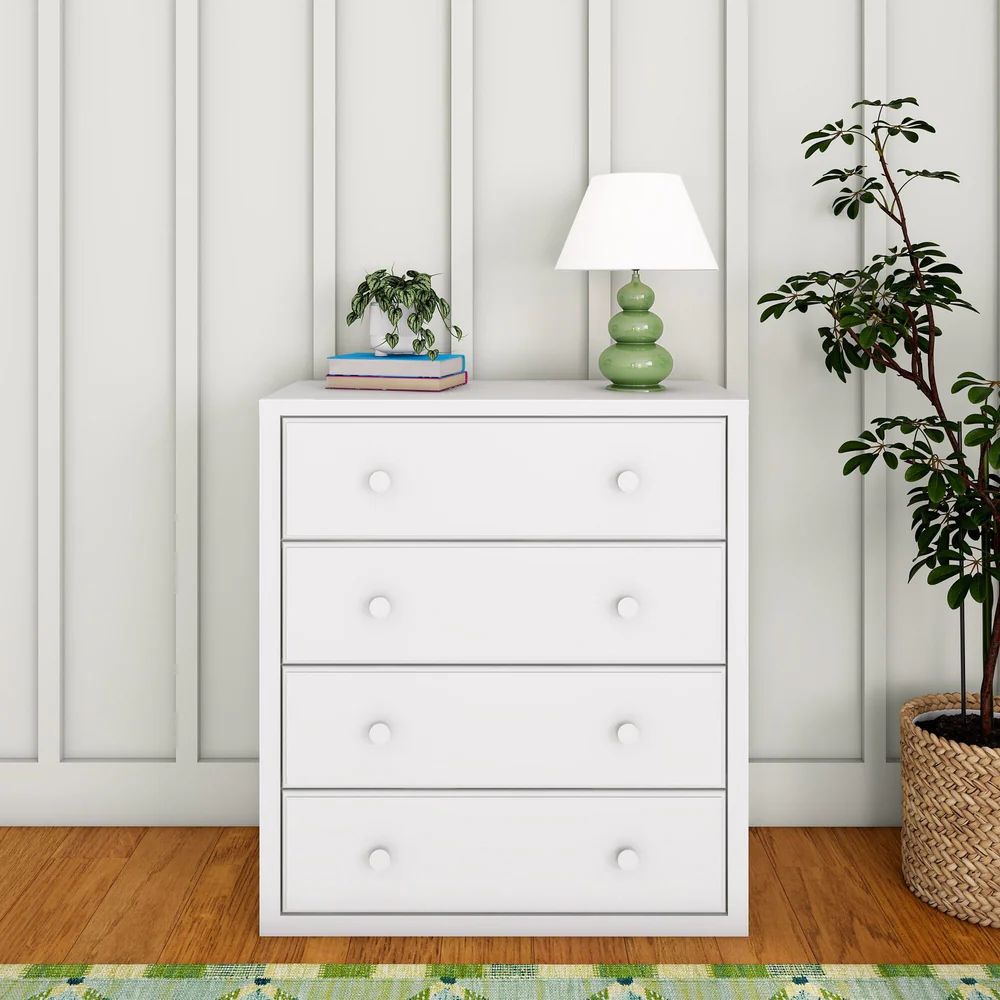 Maxtrix 4 Drawer Dresser White Front Room Scene Maxtrix 4 Drawer Dresser in White - straight-on view in a bedroom setting with four spacious drawers and round knobs