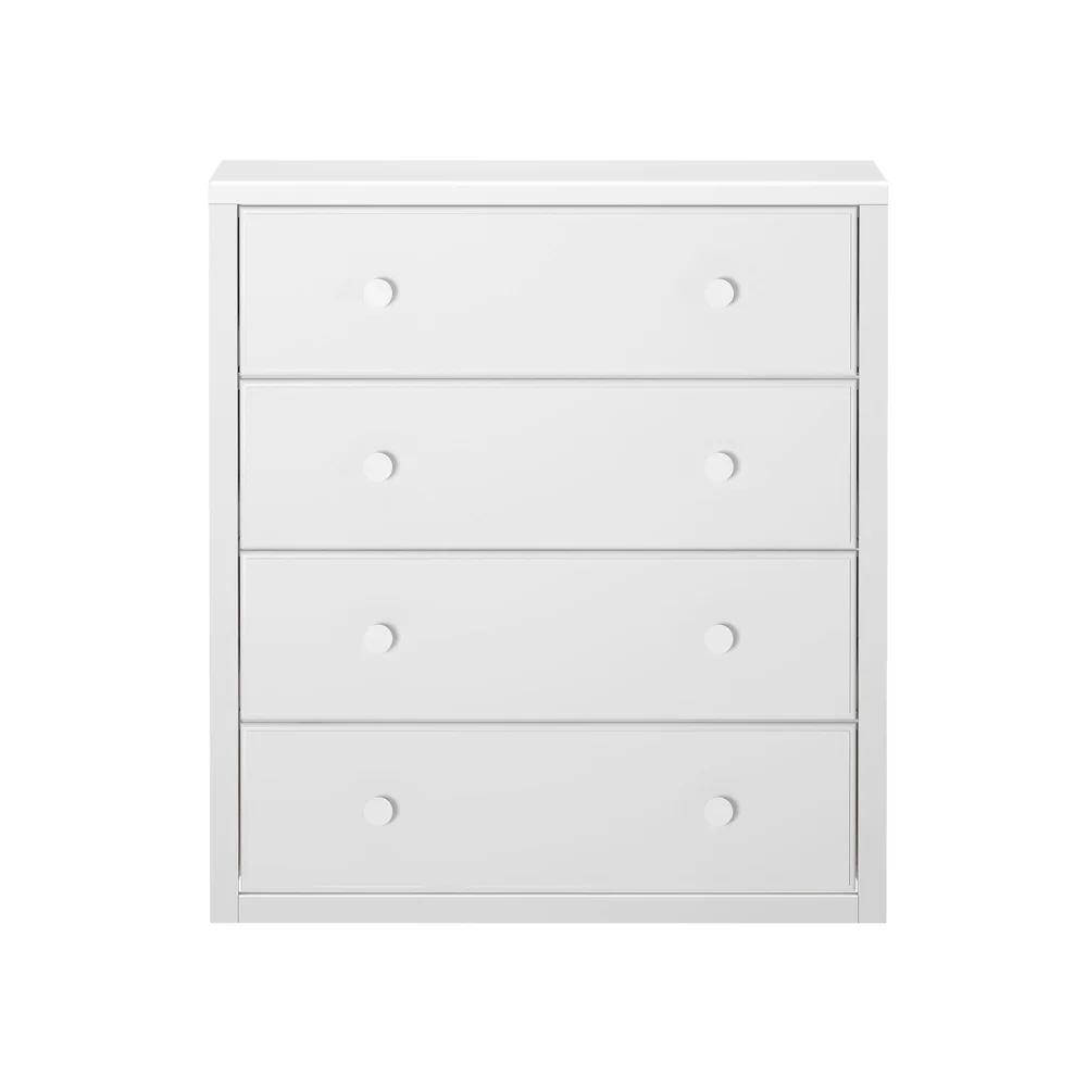 Maxtrix 4 Drawer Dresser White Front View Maxtrix 4 Drawer Dresser in White - straight-on studio view of the four-drawer chest with two round knobs per drawer
