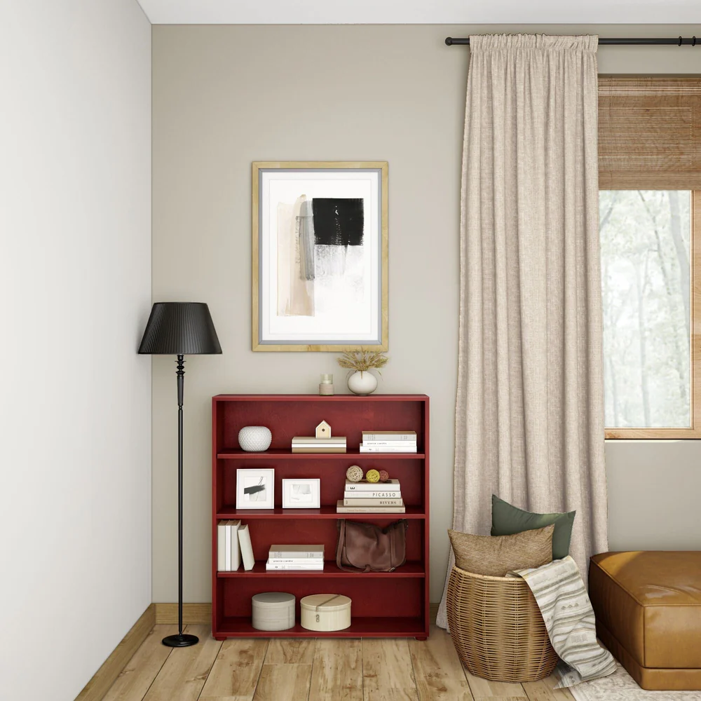 Maxtrix 4 Shelf Bookcase in Chestnut - styled in a room with books, framed art, decor baskets and a floor lamp