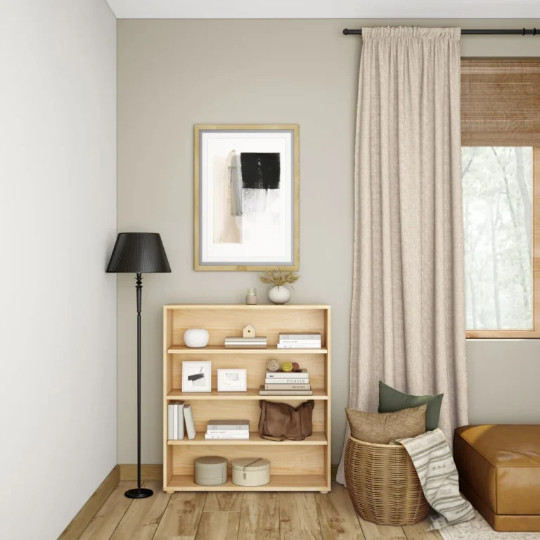 Maxtrix 4 Shelf Bookcase in Natural - styled in a living room corner with books, frames and baskets on its shelves