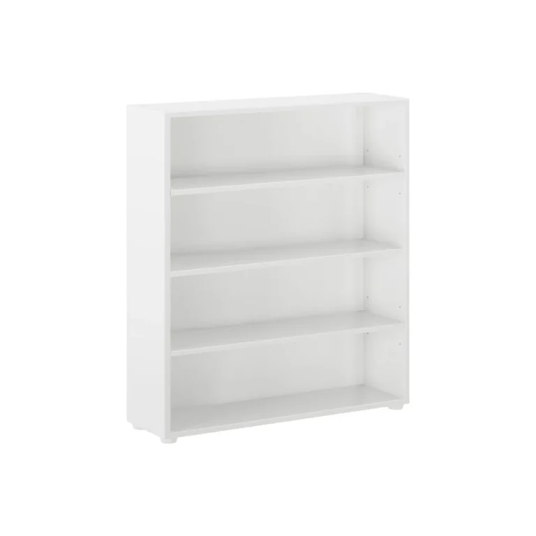 Maxtrix 4 Shelf Bookcase in White - angled view showing four open shelves and low profile feet