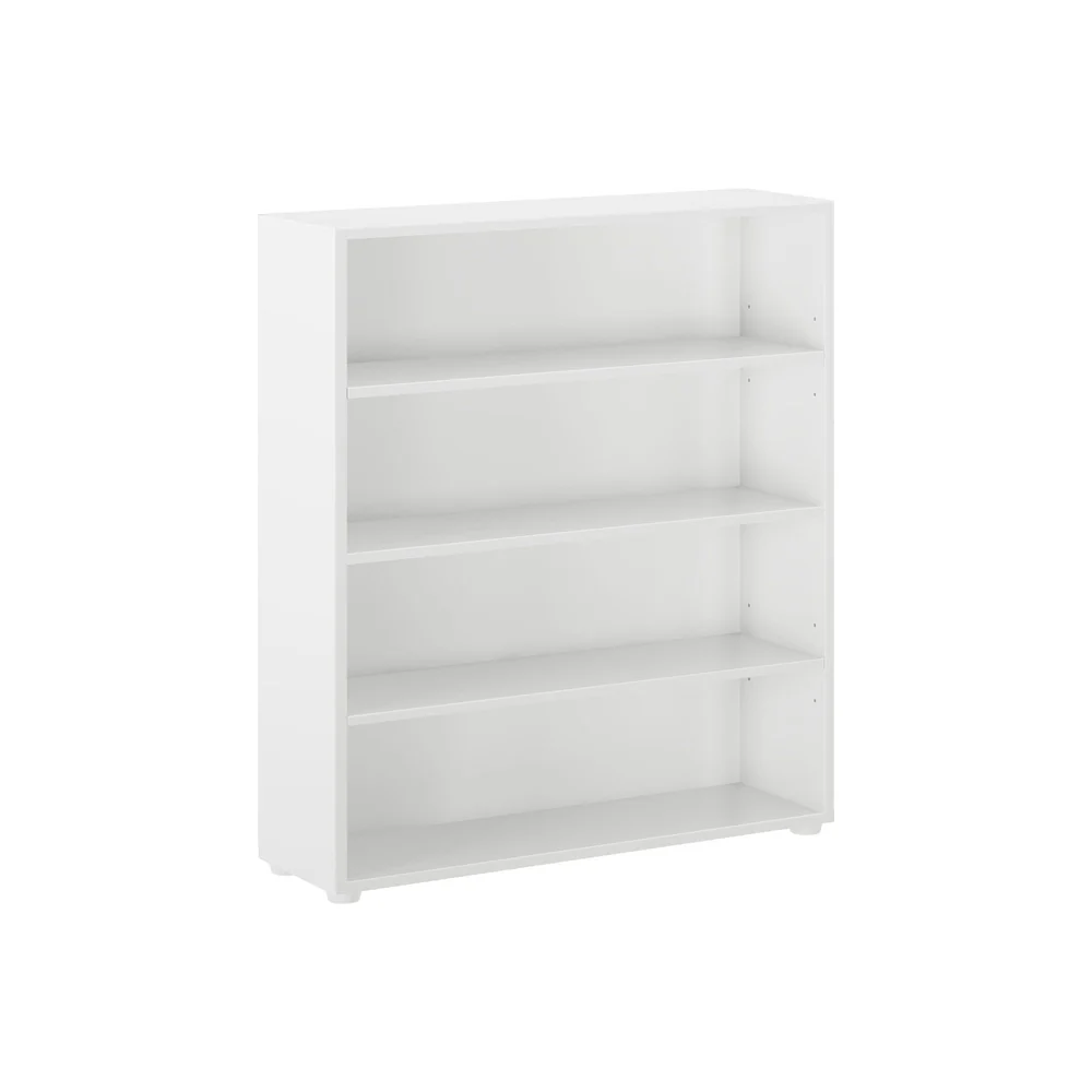 Maxtrix 4 Shelf Bookcase in White - angled view showing four open shelves and low profile feet