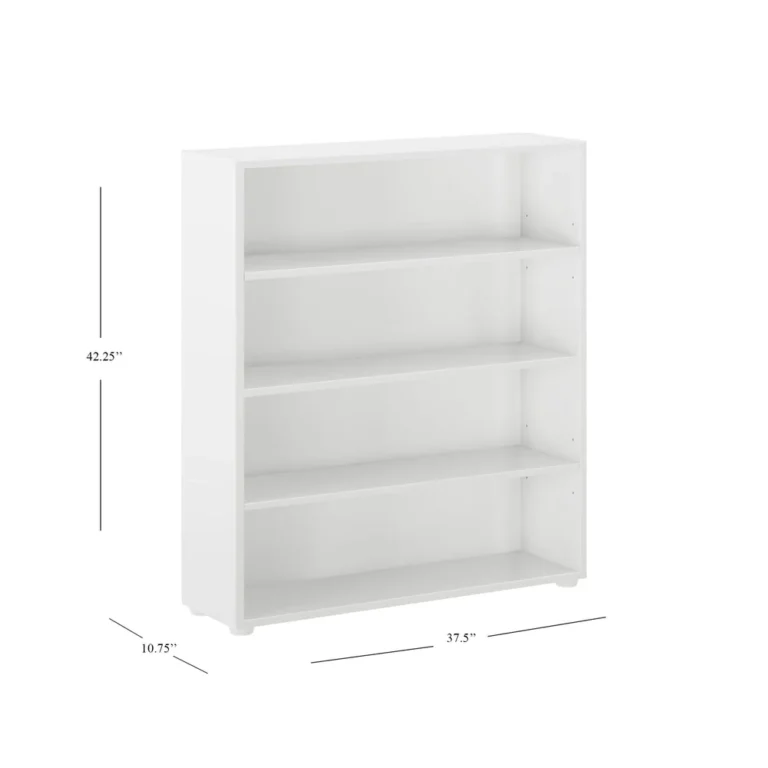 Maxtrix 4 Shelf Bookcase in White - dimensions diagram showing 42.25 inches high, 37.5 inches wide and 10.75 inches deep