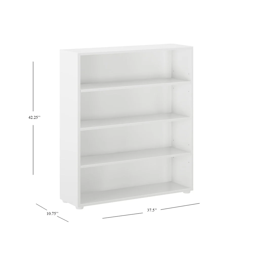Maxtrix 4 Shelf Bookcase in White - dimensions diagram showing 42.25 inches high, 37.5 inches wide and 10.75 inches deep