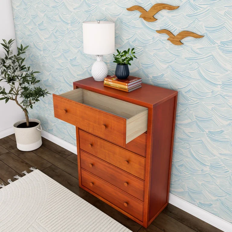 Maxtrix 5 Drawer Dresser Chestnut Drawer Open Room Scene Maxtrix 5 Drawer Dresser in Chestnut - top drawer pulled open in a bedroom setting, showing the natural wood drawer box interior