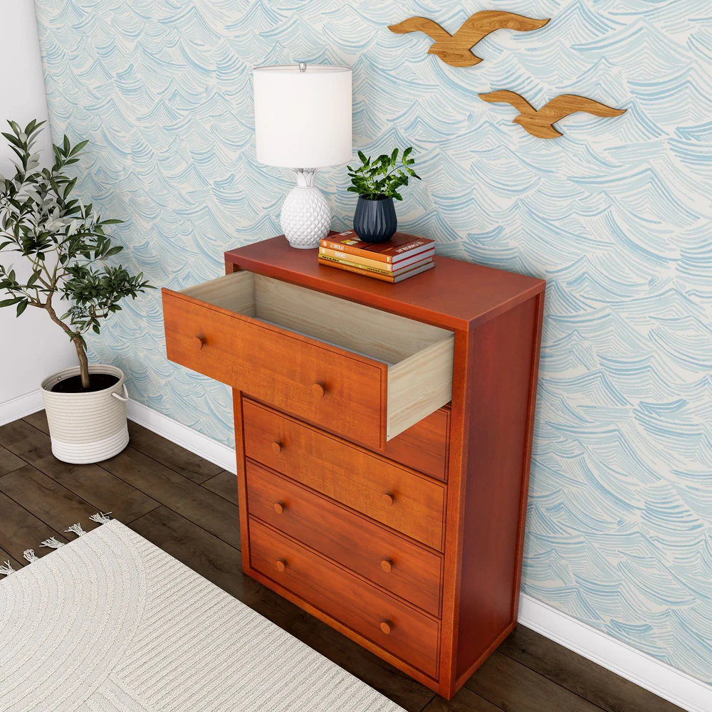 Maxtrix 5 Drawer Dresser Chestnut Drawer Open Room Scene Maxtrix 5 Drawer Dresser in Chestnut - top drawer pulled open in a bedroom setting, showing the natural wood drawer box interior