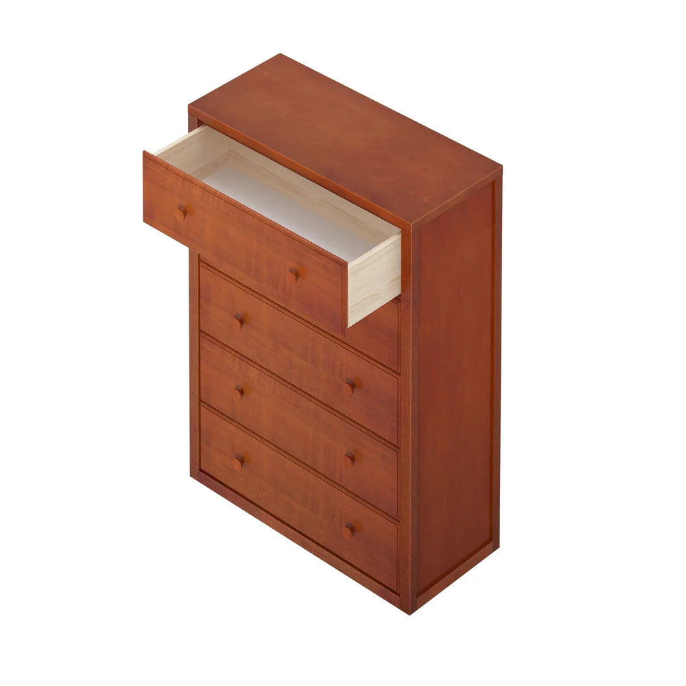 Maxtrix 5 Drawer Dresser Chestnut Drawer Open Maxtrix 5 Drawer Dresser in Chestnut - overhead view with the top drawer open, revealing the deep natural wood drawer box