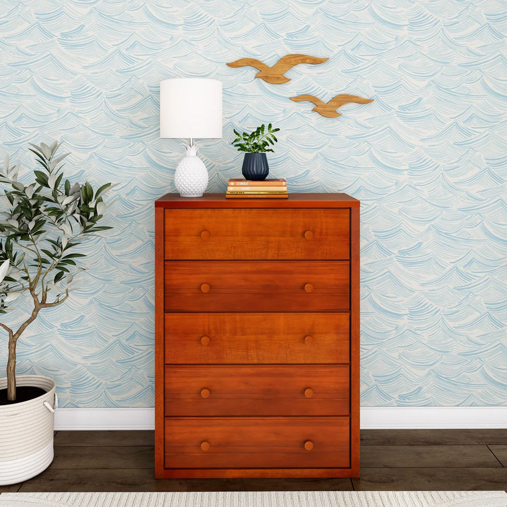 Maxtrix 5 Drawer Dresser Chestnut Front Room Scene Maxtrix 5 Drawer Dresser in Chestnut - front view in a decorated kids bedroom, five spacious drawers with round wood knobs