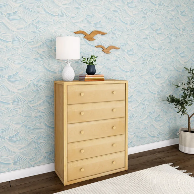 Maxtrix 5 Drawer Dresser Natural Angle View 4 Maxtrix 5 Drawer Dresser in Natural - angled studio view showing all five drawers with round wood knobs