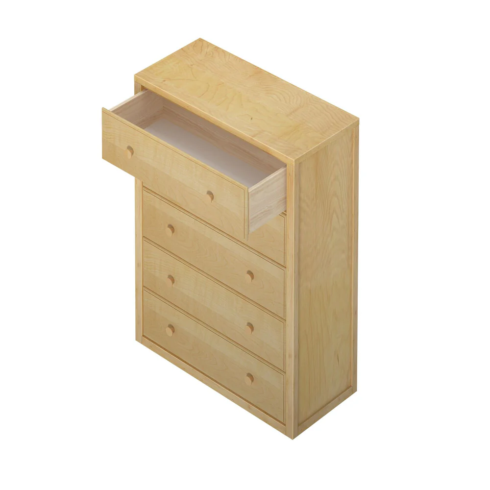 Maxtrix 5 Drawer Dresser Natural Drawer Open Maxtrix 5 Drawer Dresser in Natural - overhead angled view with the top drawer pulled open to show interior space