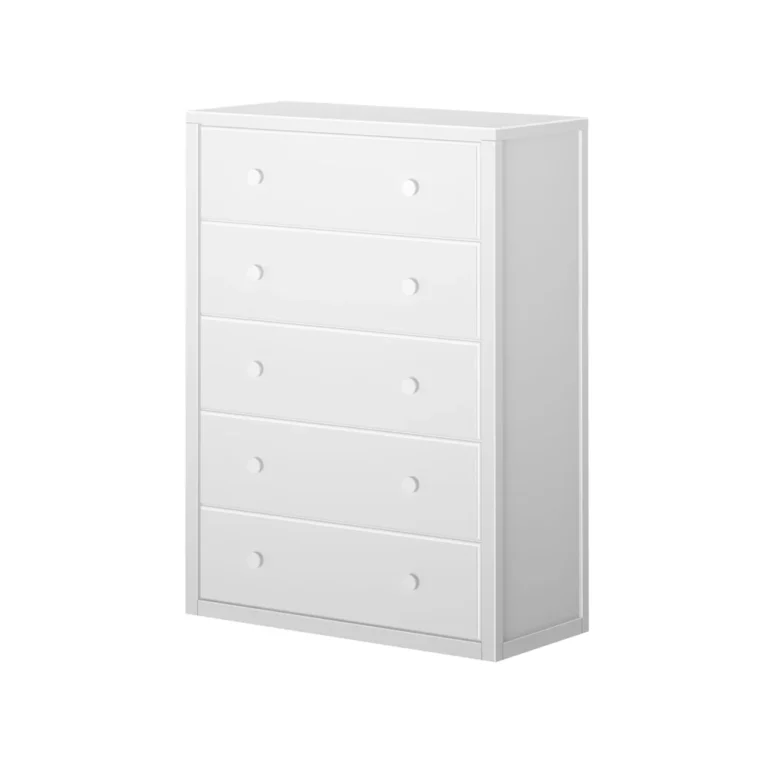 Maxtrix 5 Drawer Dresser White Angle View 5 Maxtrix 5 Drawer Dresser in White - angled studio view showing the solid wood frame, five drawers and round knobs