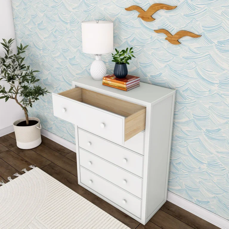 Maxtrix 5 Drawer Dresser White Drawer Open Room Scene Maxtrix 5 Drawer Dresser in White - overhead room view with the top drawer pulled open to show the natural wood drawer box interior
