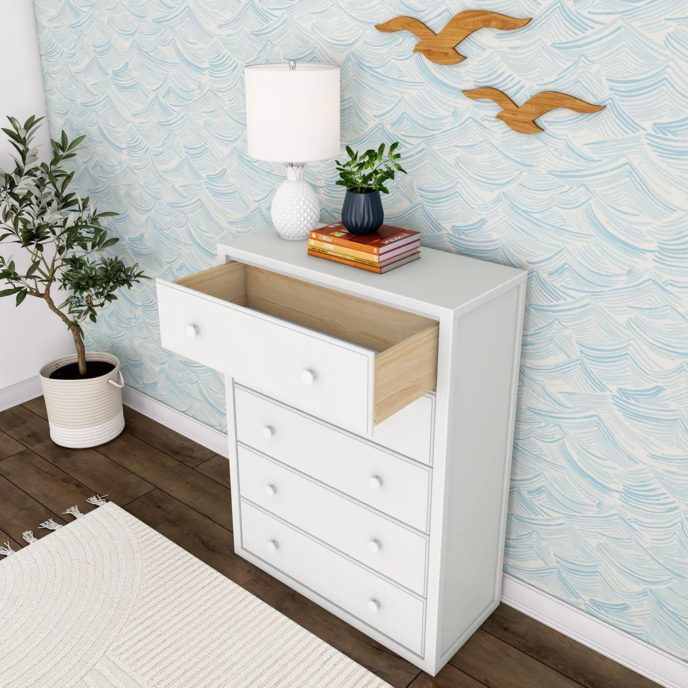 Maxtrix 5 Drawer Dresser White Drawer Open Room Scene Maxtrix 5 Drawer Dresser in White - overhead room view with the top drawer pulled open to show the natural wood drawer box interior