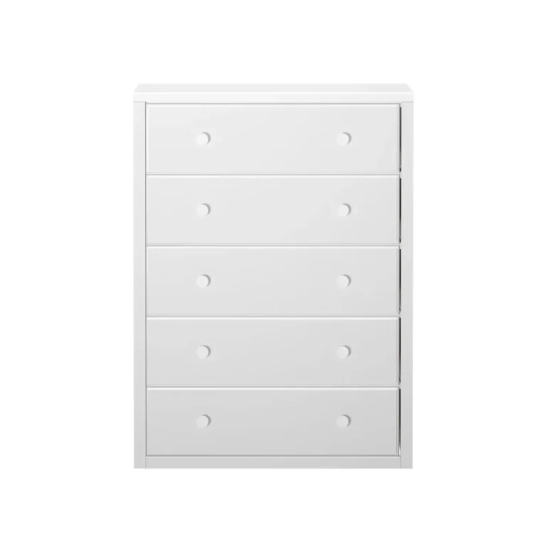 Maxtrix 5 Drawer Dresser White Front View Maxtrix 5 Drawer Dresser in White - front studio view of the five-drawer chest with two round knobs per drawer