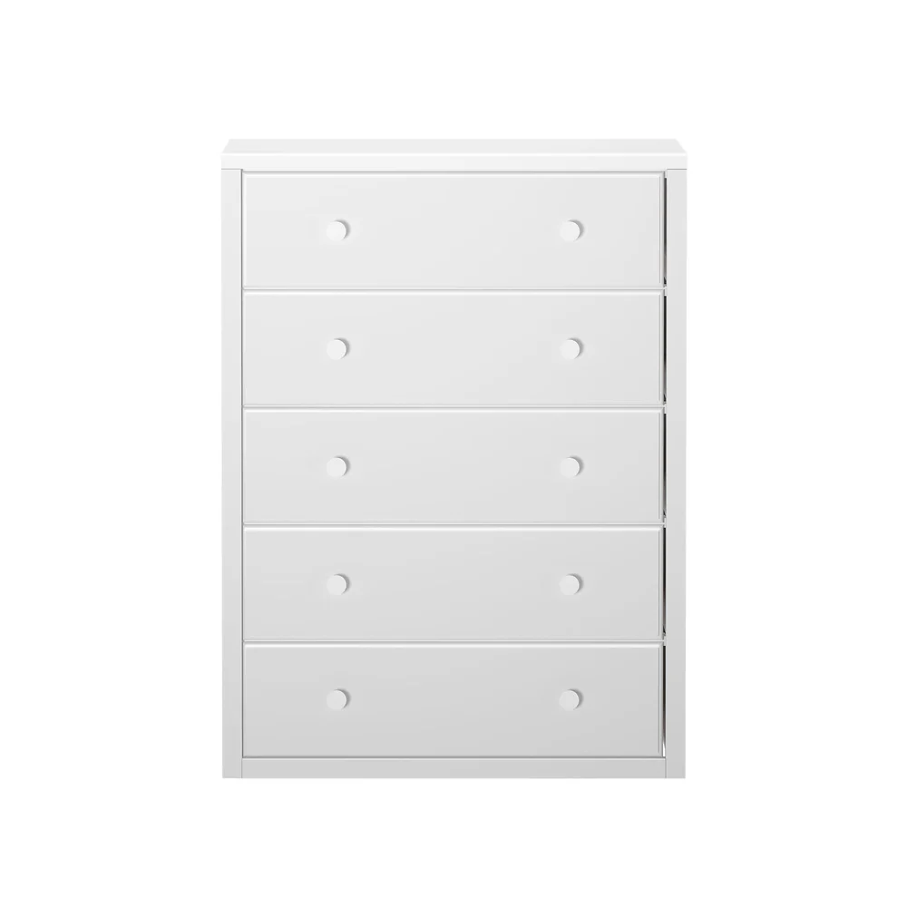 Maxtrix 5 Drawer Dresser White Front View Maxtrix 5 Drawer Dresser in White - front studio view of the five-drawer chest with two round knobs per drawer