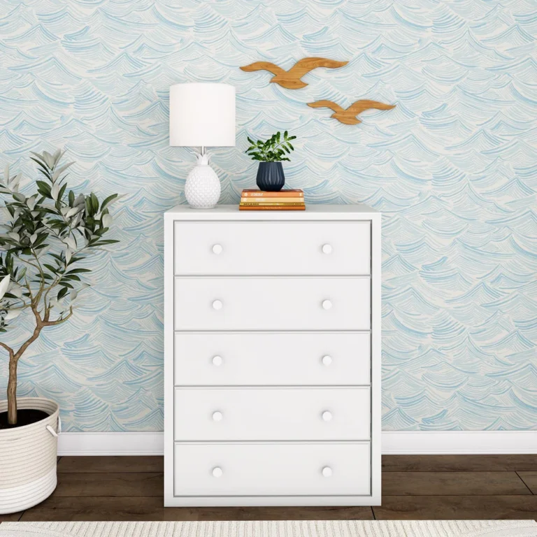 Maxtrix 5 Drawer Dresser White Room Scene Front View Maxtrix 5 Drawer Dresser in White - straight-on view of the five-drawer dresser with round wooden knobs in a decorated kids bedroom