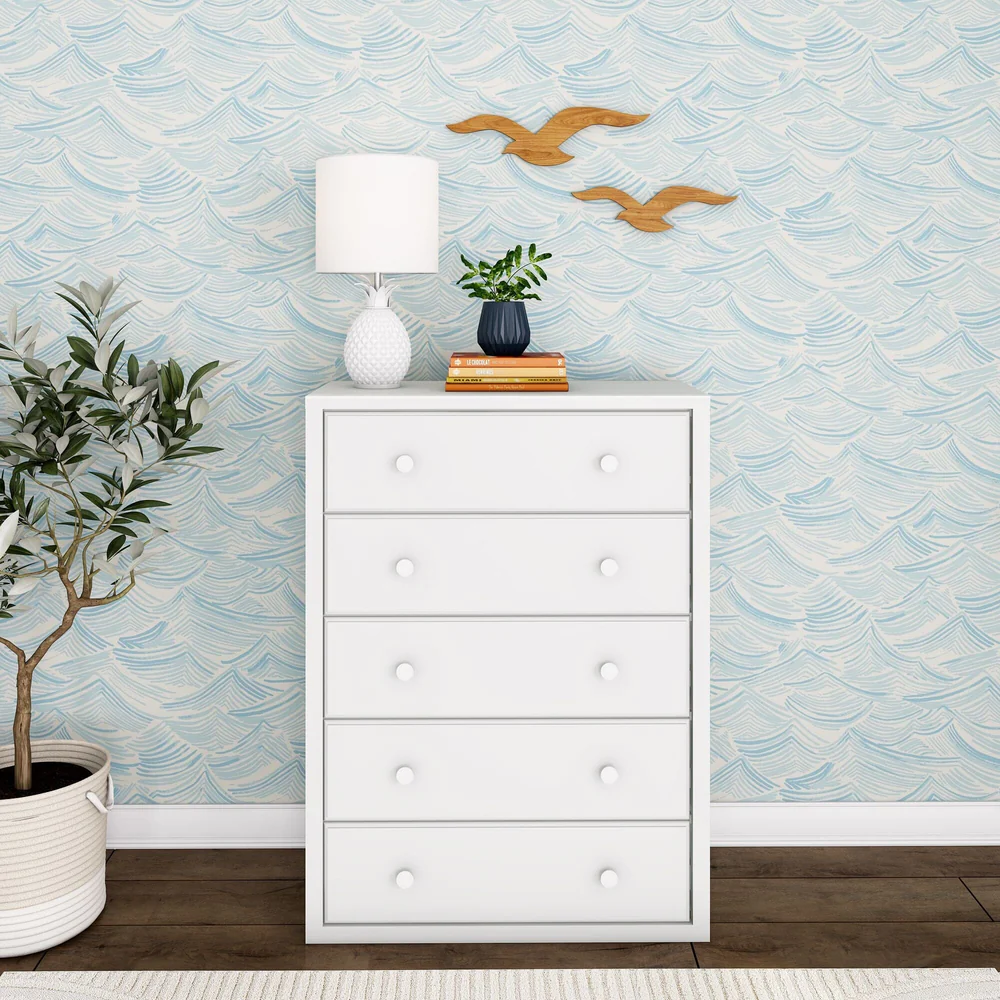 Maxtrix 5 Drawer Dresser White Room Scene Front View Maxtrix 5 Drawer Dresser in White - straight-on view of the five-drawer dresser with round wooden knobs in a decorated kids bedroom