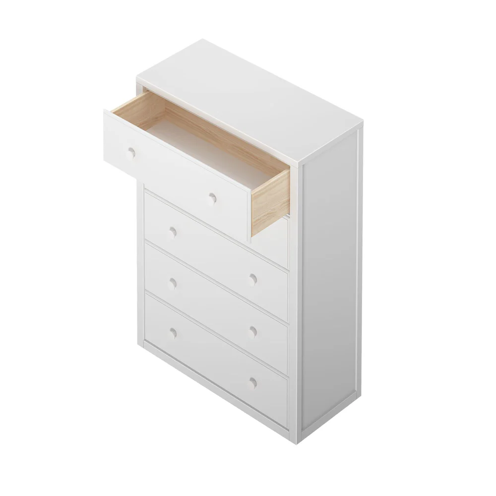 Maxtrix 5 Drawer Dresser White Top Drawer Open Maxtrix 5 Drawer Dresser in White - top-down studio view with the top drawer extended to reveal the natural wood drawer box construction