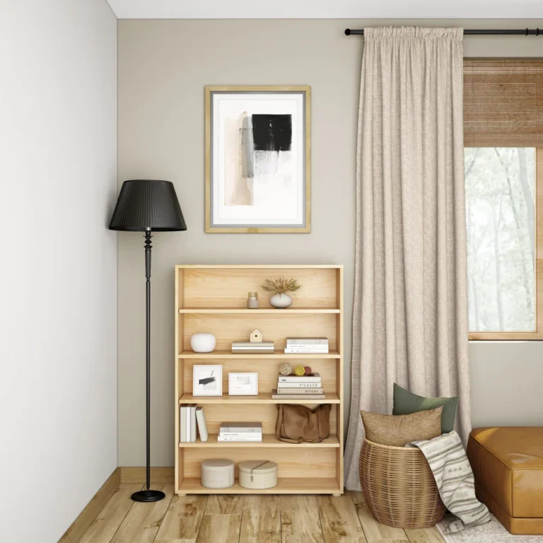 Maxtrix 5 Shelf Bookcase Natural Room Scene 2 53909 Maxtrix 5 Shelf Bookcase in natural - styled in a living room corner with books, framed pictures, baskets and decor arranged on its five shelves