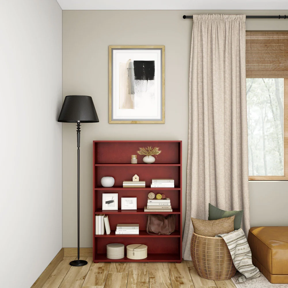 Maxtrix 5 Shelf Bookcase - styled in a living room with books, framed prints, baskets and decor beside a floor lamp and curtained window