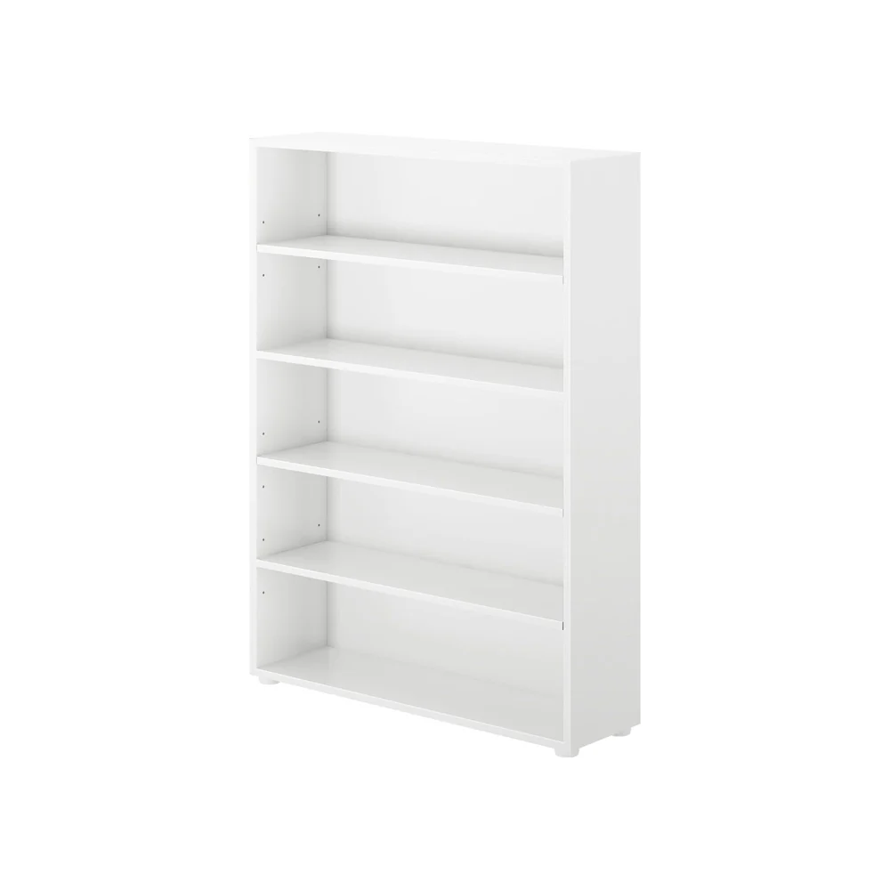 Maxtrix 5 Shelf Bookcase in white - angled view from the opposite side showing the side panel and five open shelves