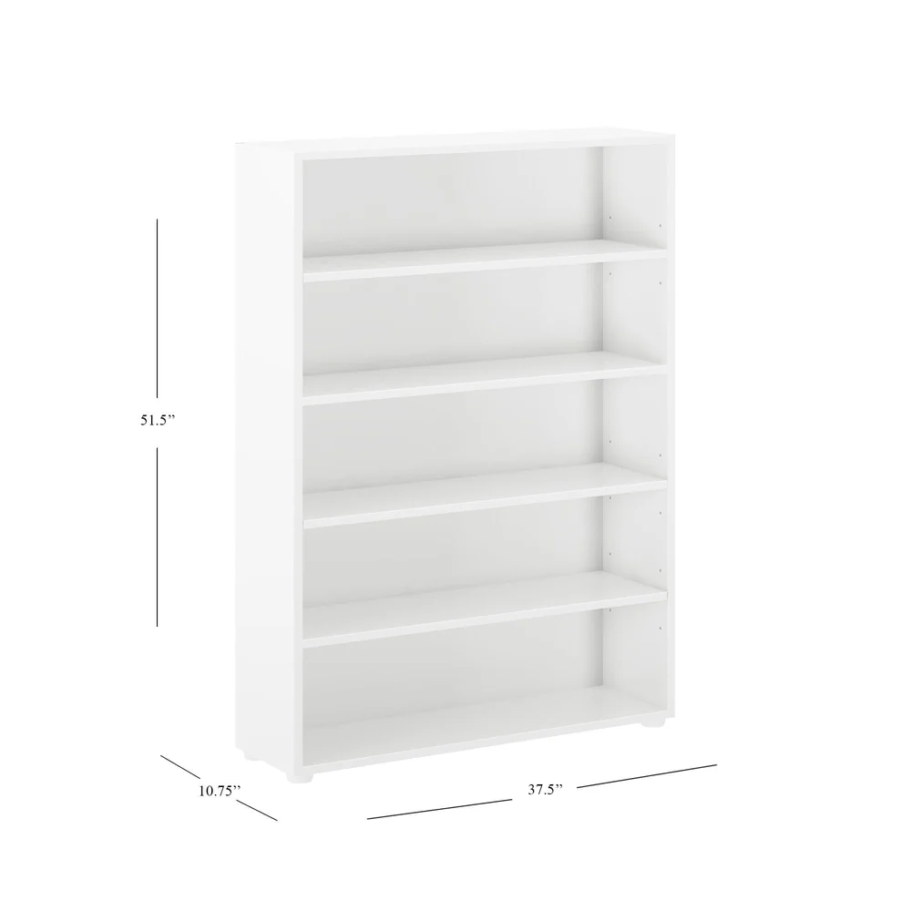 Maxtrix 5 Shelf Bookcase in white - dimensions diagram showing 51.5 inches high, 37.5 inches wide and 10.75 inches deep