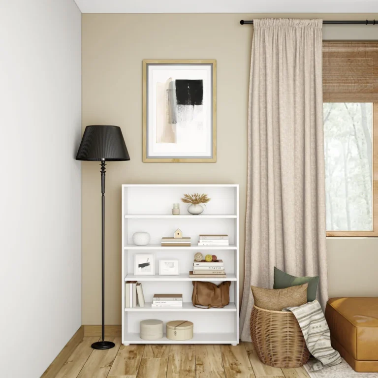 Maxtrix 5 Shelf Bookcase White Room Scene 2 53914 Maxtrix 5 Shelf Bookcase in white - styled in a living room corner with books, framed prints and baskets, beside a floor lamp and curtained window