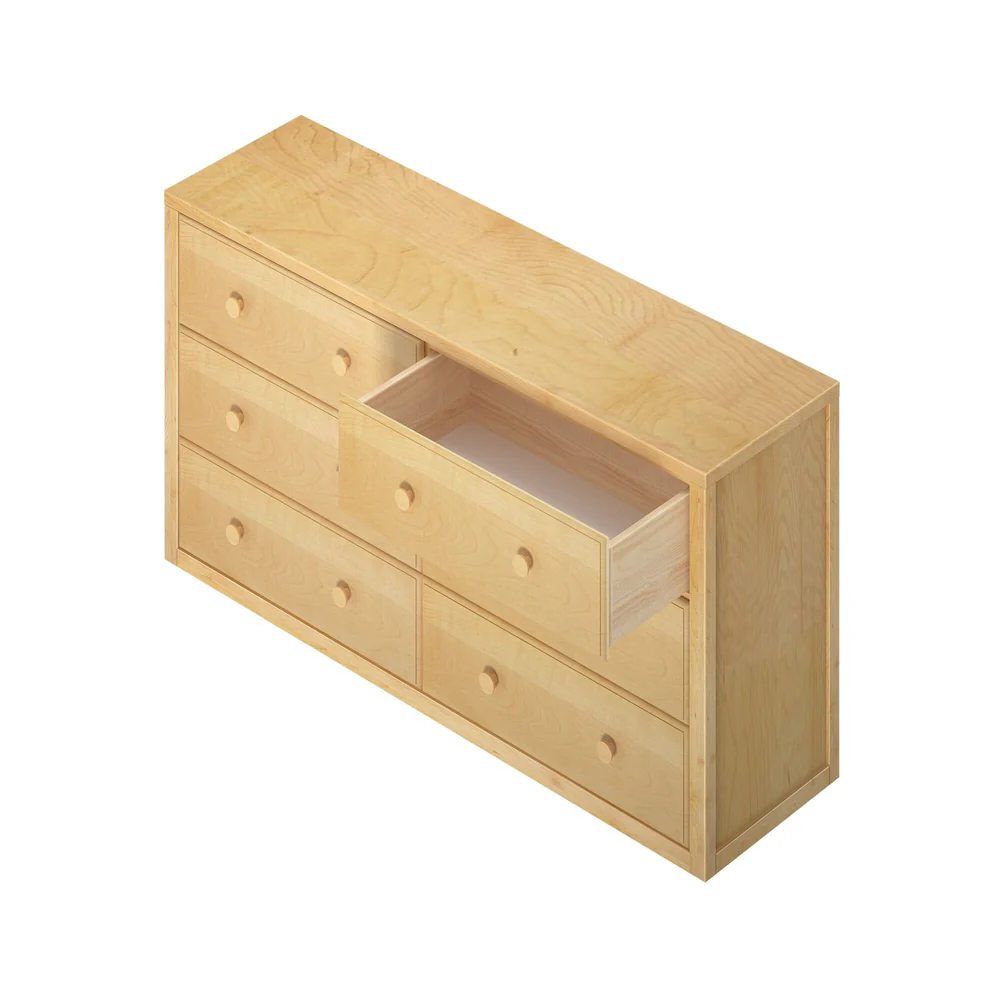 Maxtrix 6 Drawer Dresser in Natural - overhead angle with one drawer pulled open to show the drawer interior