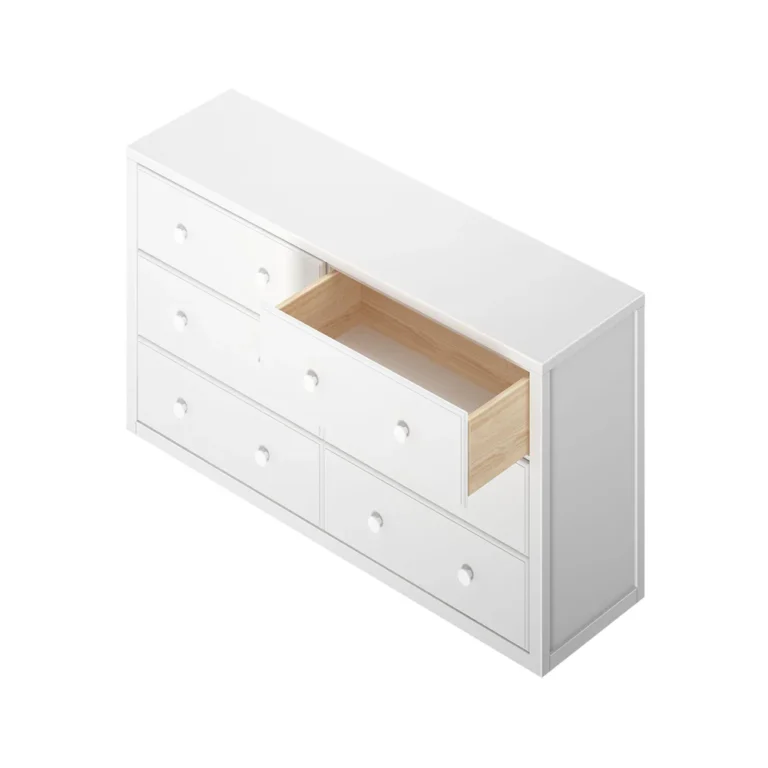 Maxtrix 6 Drawer Dresser White Drawer Open Maxtrix 6 Drawer Dresser in White - overhead studio view with one drawer open, showing the solid wood drawer box
