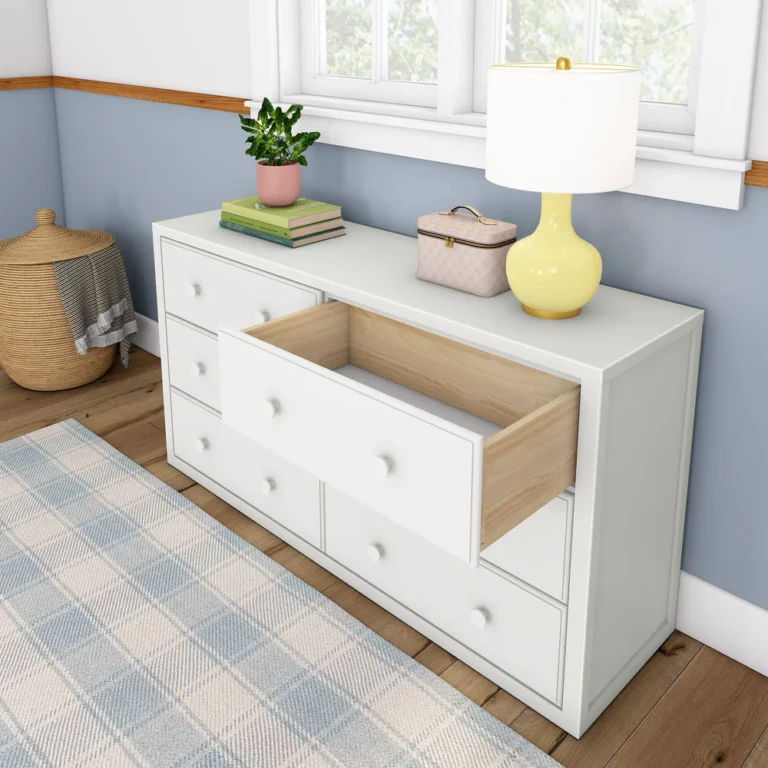 Maxtrix 6 Drawer Dresser White Drawer Open Room Scene Maxtrix 6 Drawer Dresser in White - top drawer pulled open in a bedroom setting, showing the natural wood drawer box interior