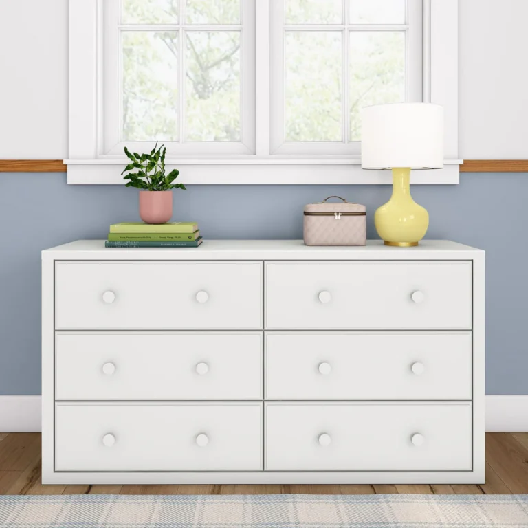 Maxtrix 6 Drawer Dresser White Front View Room Scene Maxtrix 6 Drawer Dresser in White - straight-on front view in a bedroom, showing all six drawers with round wooden knobs