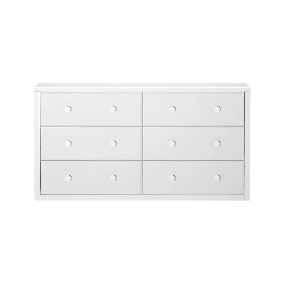 Maxtrix 6 Drawer Dresser in White - studio front view of the six drawers with double round knobs
