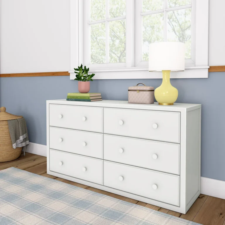 Maxtrix 6 Drawer Dresser White Room Scene Maxtrix 6 Drawer Dresser in White - angled view in a kids bedroom with a plant, books and lamp styled on top