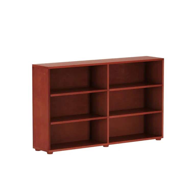 Maxtrix 6 Shelf Bookcase Chestnut Angle View 1 Maxtrix 6 Shelf Bookcase in Chestnut - angled view showing two columns of three open shelves on a low wide frame