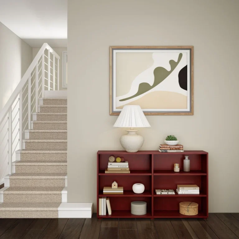 Maxtrix 6 Shelf Bookcase Chestnut Room Scene 3 Maxtrix 6 Shelf Bookcase in Chestnut - hallway scene at the foot of a staircase, shelves styled with books, a lamp and decor