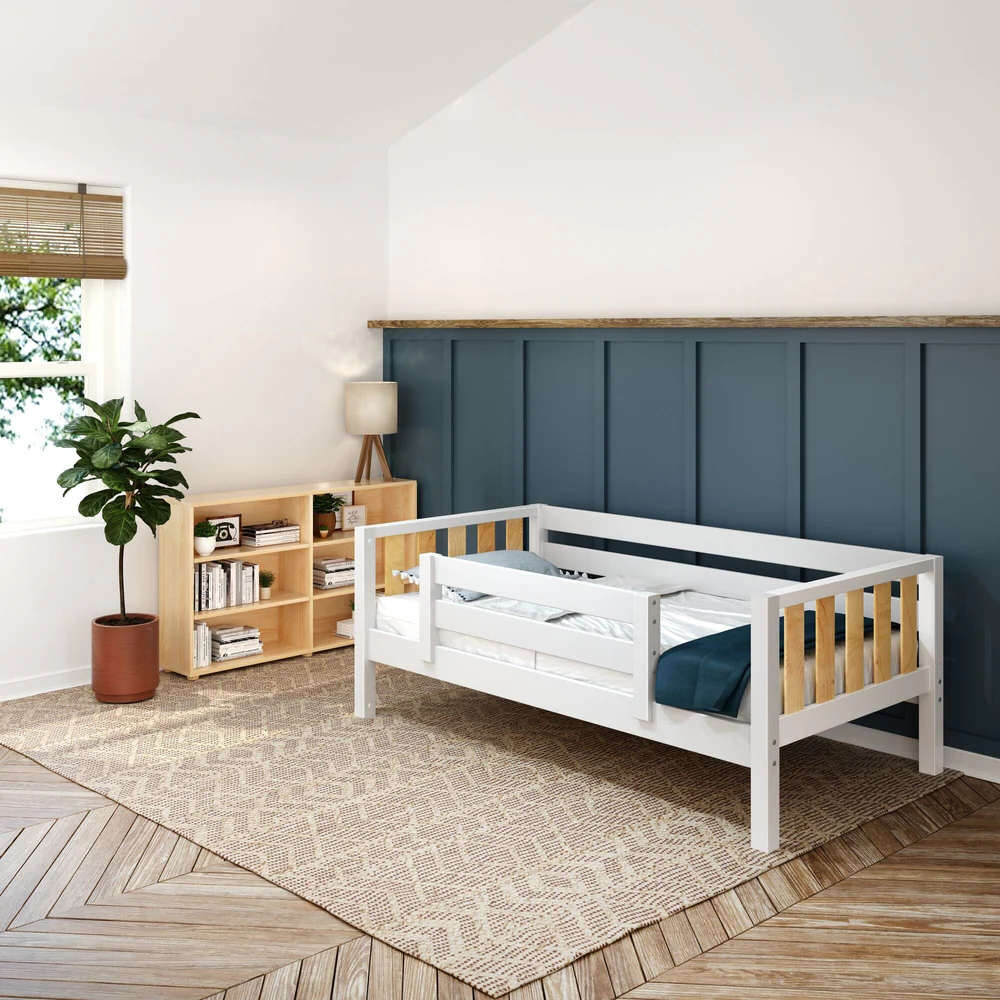 Maxtrix 6 Shelf Bookcase in natural - room scene in a kids bedroom, the bookcase filled with books and decor beside a white daybed with safety guardrails