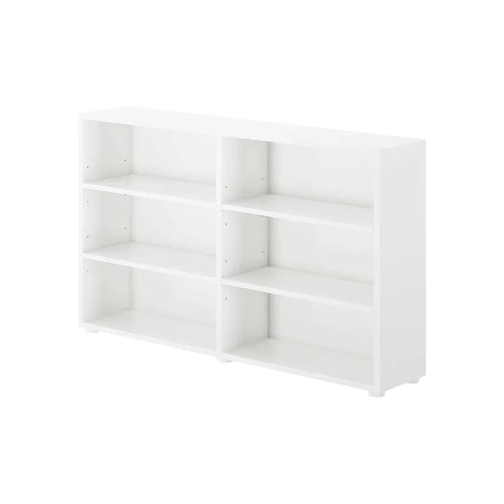 Maxtrix 6 Shelf Bookcase in White - angled side view highlighting the adjustable shelves and low profile