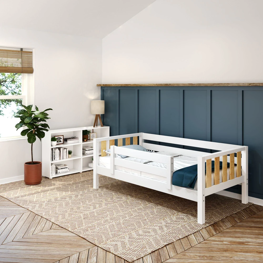 Maxtrix 6 Shelf Bookcase in White - low bookcase styled with books and decor in a kids bedroom beside a daybed with safety guardrails