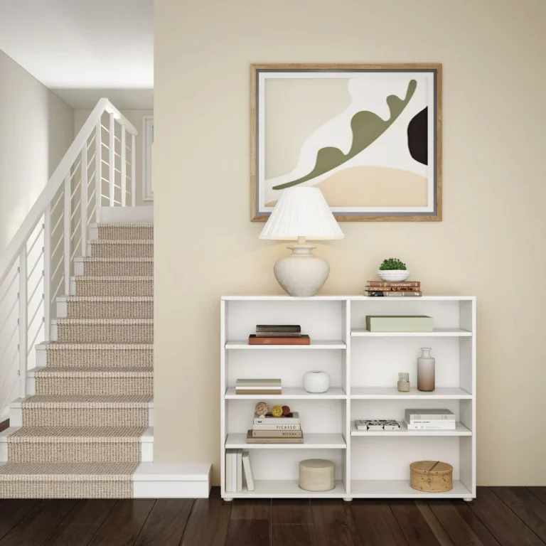 Maxtrix 8 Shelf Bookcase White Room Scene Maxtrix 8 Shelf Bookcase - styled with books and decor in an entryway beside a staircase